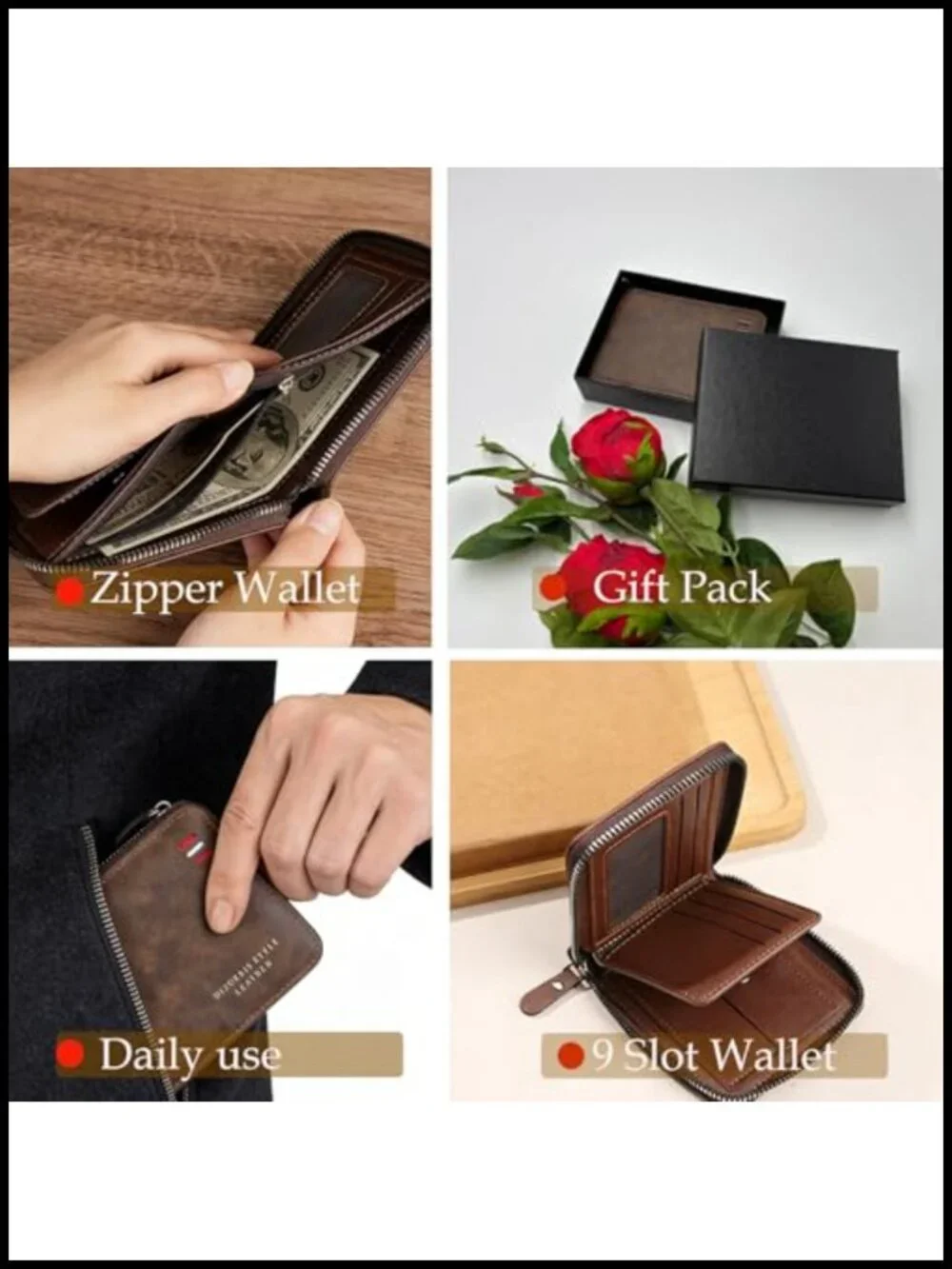 Slim Leather Bi-Fold Zipper Closure Wallet with 9 Card Slots